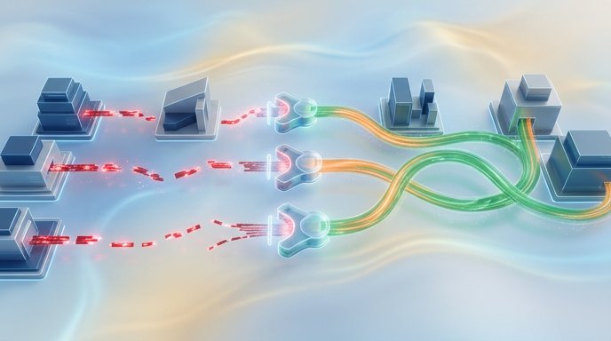 Illustration de systèmes métier distincts reliés entre eux par des flux de données (API, connecteurs)
