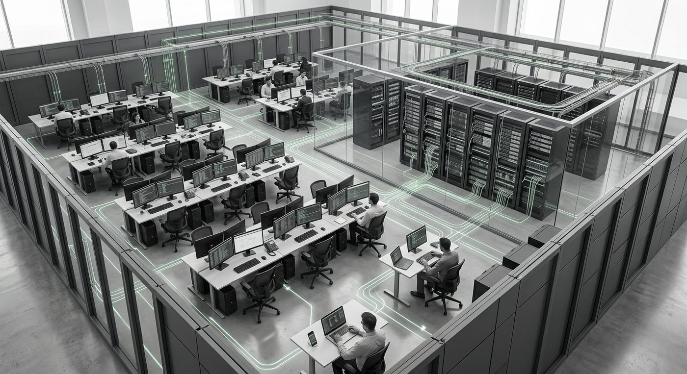 Open space informatique avec postes de travail et baie de serveurs sécurisée, câblage réseau mis en valeur