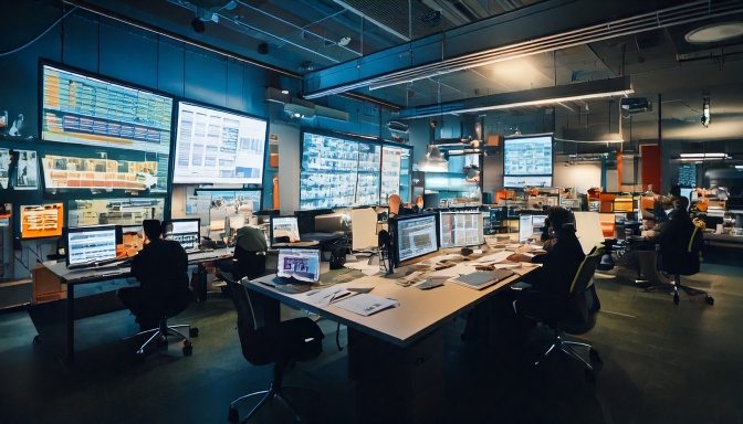Salle de contrôle d'une production de presse quotidienne régionale, avec plusieurs écrans de supervision